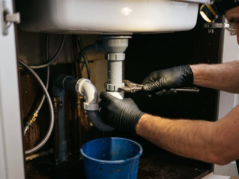 Fontanero reparando una fuga bajo un fregadero en Ferrol