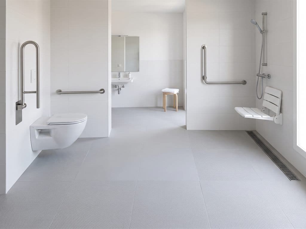 Baño adaptado con ducha a ras de suelo y asideros en Ferrol