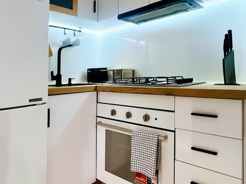 Cocina en L con muebles blancos y encimera de madera montada en Ferrol