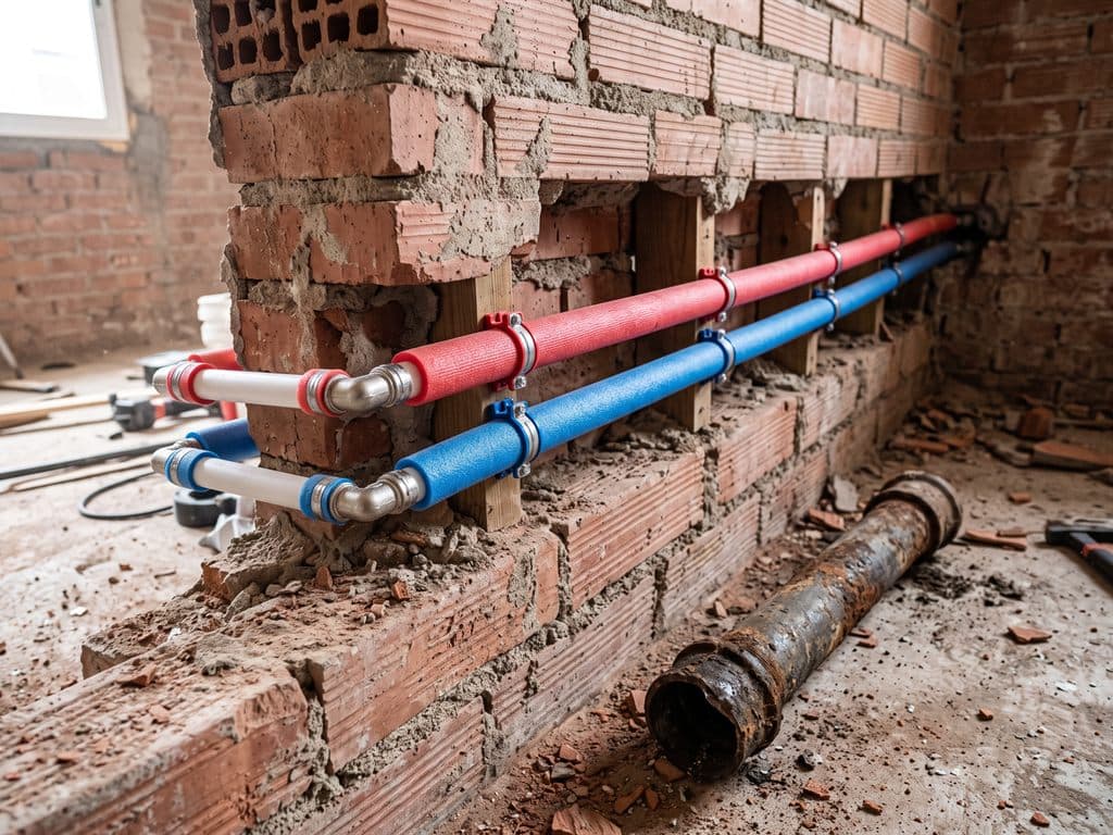 Tuberías nuevas de agua fría y caliente instaladas en una pared en Ferrol